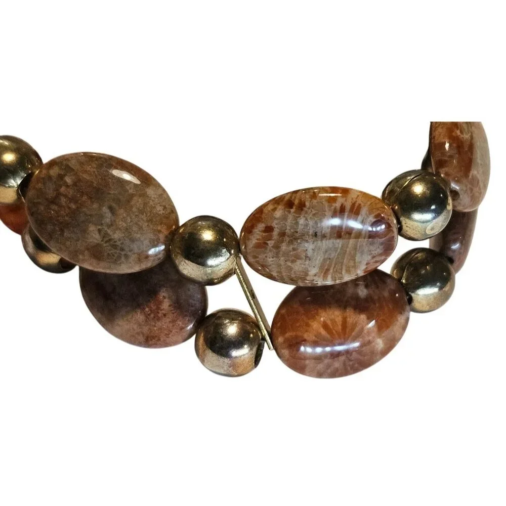 Vintage Bracelet Beaded Jasper Stone Gold-Tone Glass Magnetic Closure‎
